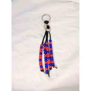 Vintage Red and Blue Beaded Keychain with Small Round Conch